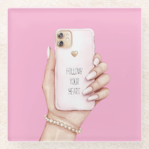 Dessous-de-verre En Verre Téléphone chic fille ongles roses