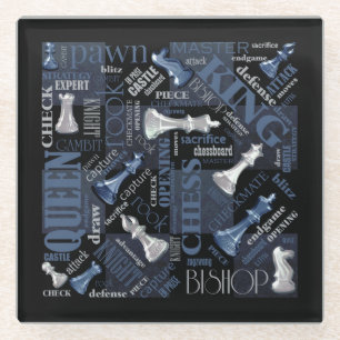 Dessous-de-verre En Verre Termes et pièces d'échecs Argent et bleu ID784