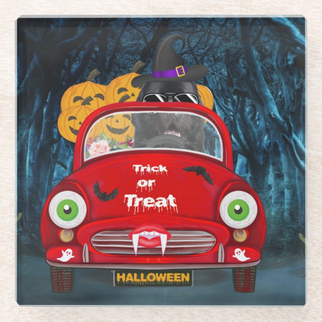 Dessous-de-verre En Verre Terre-Neuve Chien voiture effrayant Halloween (Devant)