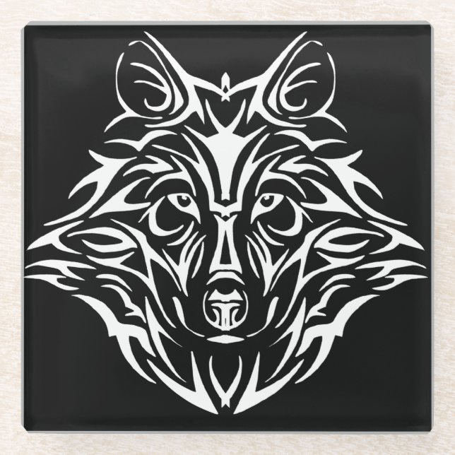 Dessous-de-verre En Verre Tête de loup blanc sur noir  (Devant)