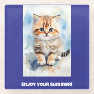 Dessous-de-verre En Verre Texte d'image de chat bleu