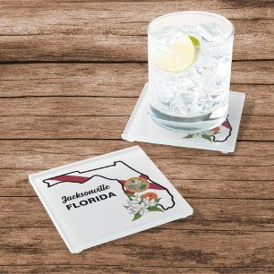 Dessous-de-verre En Verre Texte personnalisé Floride Drapeau & Fleur Orange