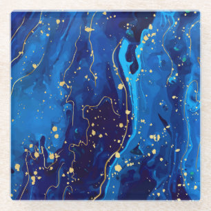 Dessous-de-verre En Verre Texture de marbre bleu or luxueux