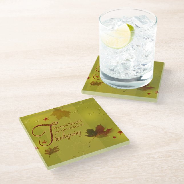 Dessous-de-verre En Verre Thanksgiving veut typographie Feuilles (Incliné)