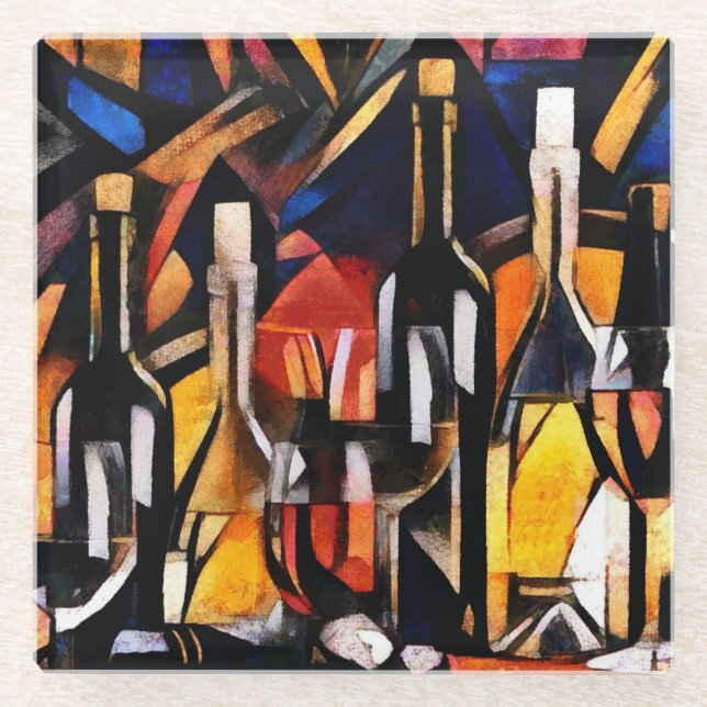 Dessous-de-verre En Verre Thèmes du vin : Bouteilles et raisins (Devant)