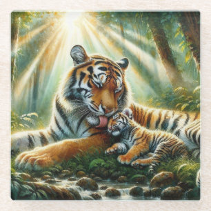 Dessous-de-verre En Verre Tigers dans une jungle luxuriante peinture aquarel