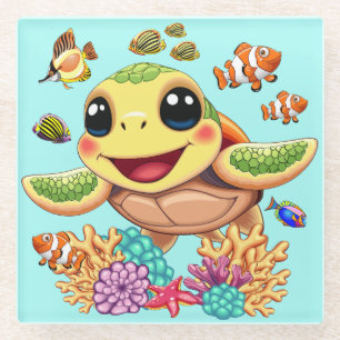 Dessous-de-verre En Verre Tortue de mer Bébé heureux et mignonne personnage