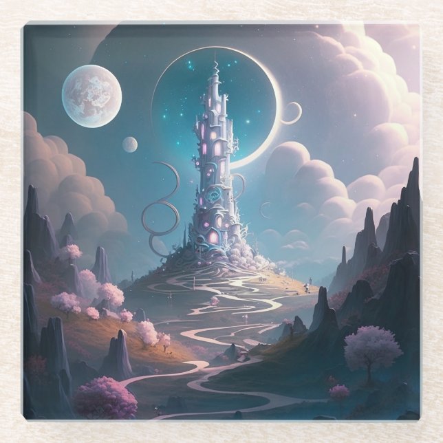 Dessous-de-verre En Verre Tour Whimsical Paysage Imaginaire Art (Devant)