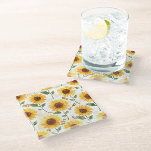 Dessous-de-verre En Verre Tournesols jaunes aquarelle floral capricieux