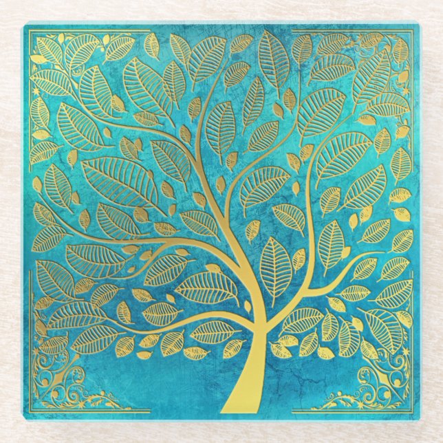 Dessous-de-verre En Verre Tourquoise Blue et Gold Tree of Life (Devant)