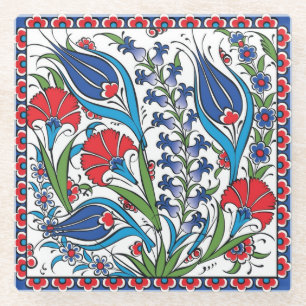 Dessous-de-verre En Verre Traditionnel Rouge Bleu Floral Turc Ottoman Iznik