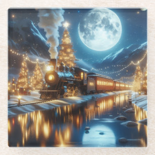 Dessous-de-verre En Verre Train de Noël sous la lumière de la lune