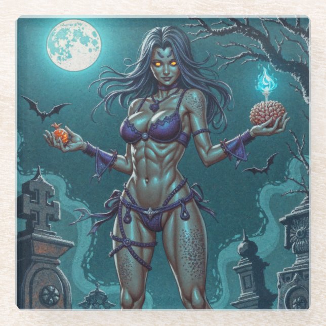 Dessous-de-verre En Verre Traite d'Halloween ou ami Zombie w Cerveau (Devant)