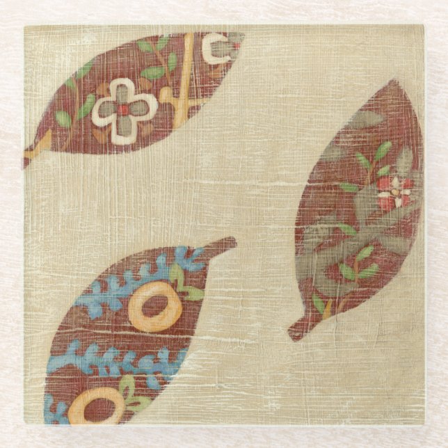 Dessous-de-verre En Verre Trois Feuilles sur l'Arrière - plan Texture Linen (Devant)