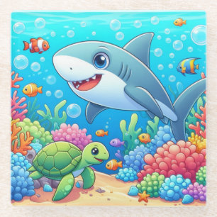 Dessous-de-verre En Verre Tropical/Hawaii requin et tortue sous l'eau coloré