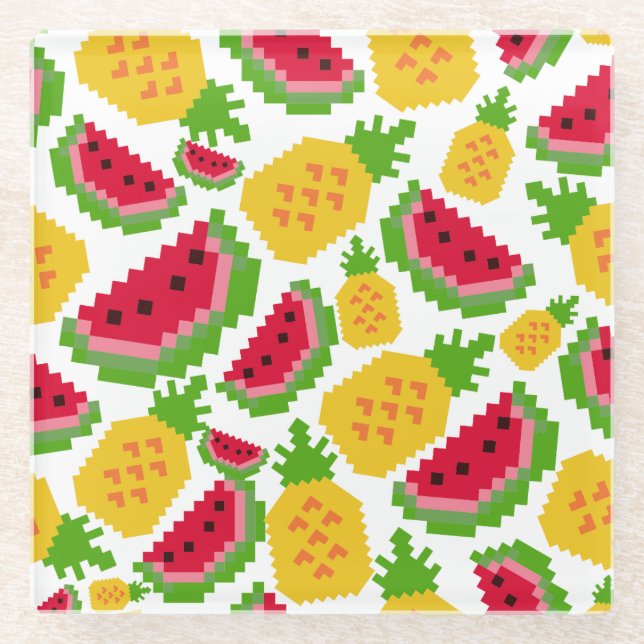 Dessous-de-verre En Verre Tropical Watermelon and Pineapple Pixel Pattern (Devant)