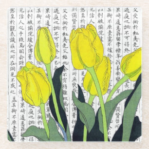 Dessous-de-verre En Verre Tulipes jaunes asiatiques sur Kanji Arrière - plan