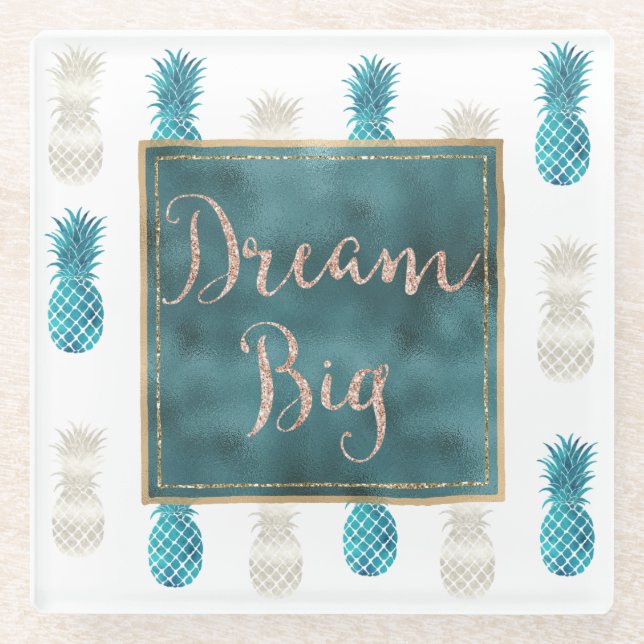 Dessous-de-verre En Verre Turquoise Aqua White Pineapples Dream (Devant)