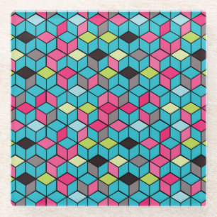 Dessous-de-verre En Verre Turquoise et motif rose de cube