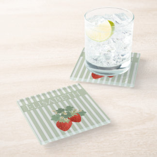 Dessous-de-verre En Verre Two Red Strawberries Stripes & Flowers | Fruit