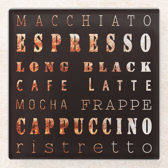 Dessous-de-verre En Verre Type de café moderne élégant Typographie (Devant)
