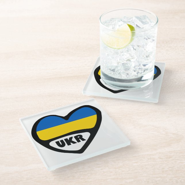 Dessous-de-verre En Verre Ukraine Drapeau En Coeur, Code Pays UKR (Incliné)