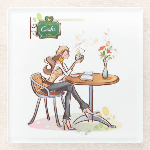 Dessous-de-verre En Verre Une femme boit du café dans un mignon café