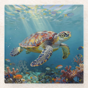 Dessous-de-verre En Verre Une Tortue de Mer et des Rayons de Soleil dans l'O