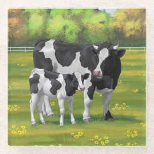 Dessous-de-verre En Verre Vache Holstein et veau mignon en pâturage d'été