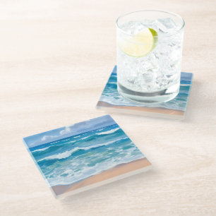 Dessous-de-verre En Verre Vagues de l'océan bleu   Art aquarelle de la mer d