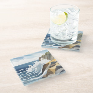 Dessous-de-verre En Verre Vagues déferlantes Aquarelle de rivage côtier ro