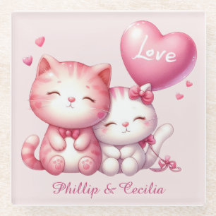 Dessous-de-verre En Verre Valentines Jour mignonne Couple de Kitty Chat Aime
