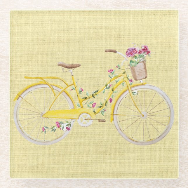 Dessous-de-verre En Verre Vélo Jaune Aquarelle (Devant)