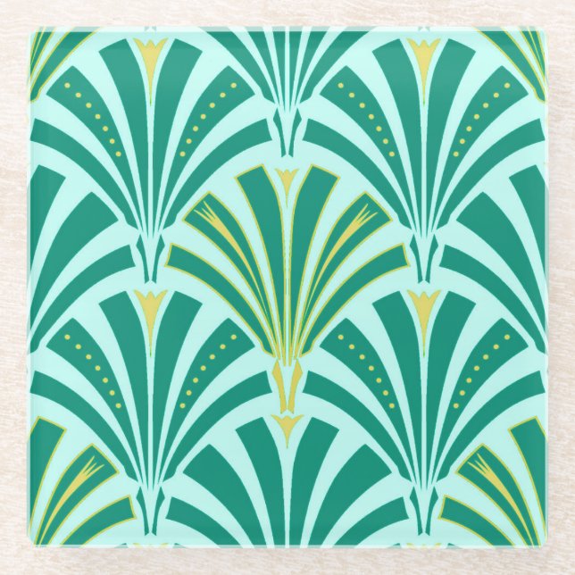 Dessous-de-verre En Verre Ventilateur Art déco motif - turquoise sur aqua (Devant)