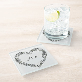Dessous-de-verre En Verre Verre trempé en forme de cœur floral noir et blanc