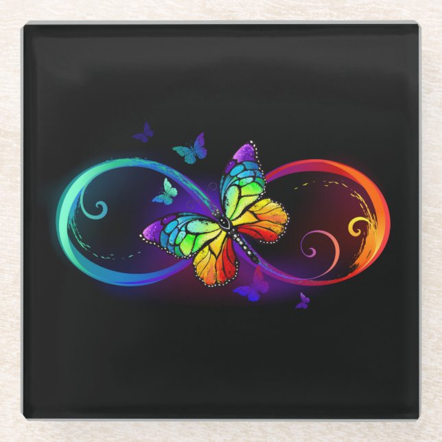 Dessous-de-verre En Verre Vibrant infinity with rainbow butterfly on black (Devant)