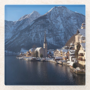 Dessous-de-verre En Verre Ville de Hallstatt dans la neige en hiver