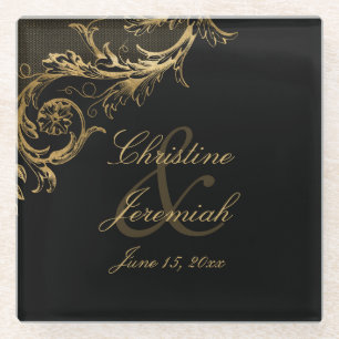Dessous-de-verre En Verre Vintage Black Gold Floral Damask Script Mariage
