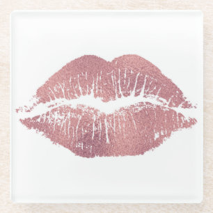 Dessous-de-verre En Verre Vintage empreinte de lèvre rose, or rose.