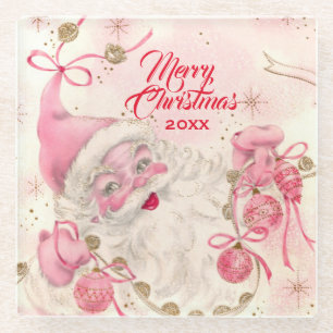 Dessous-de-verre En Verre Vintage Retro Pink Santa Clause Noël