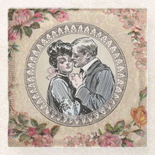 Dessous-de-verre En Verre Vintage Romance Couple : Antique Rose Girly Love