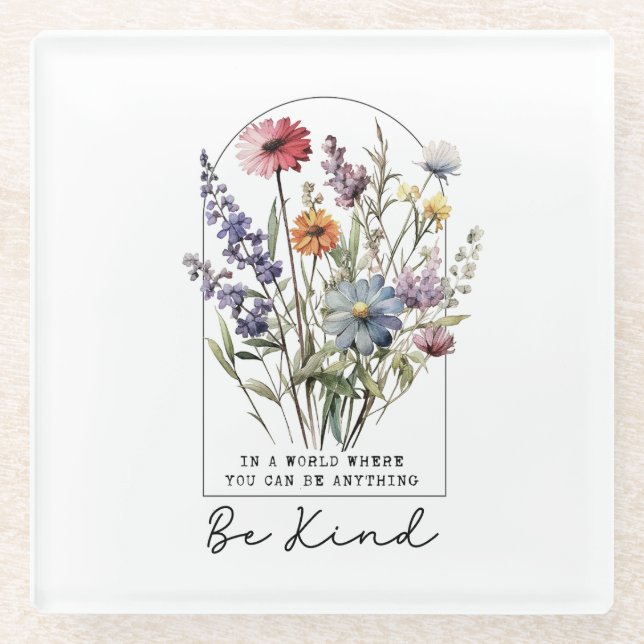 Dessous-de-verre En Verre Vintage Wildflowers with Quote - Be Kind (Devant)