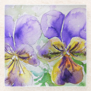 Dessous-de-verre En Verre Viola violet fleurs florales Aquarelle Peinture