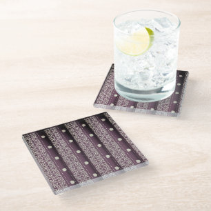 Dessous-de-verre En Verre Violet blanc À damiers Polka Dot Floral Damask Art