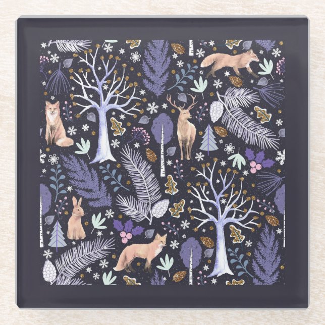 Dessous-de-verre En Verre Violet/or de bois d'hiver ID785 (Devant)