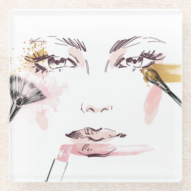 Dessous-de-verre En Verre Visage de maquillage d'aquarelle (Devant)