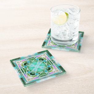 Dessous-de-verre En Verre Vitrail de cathédrale en vert et menthe