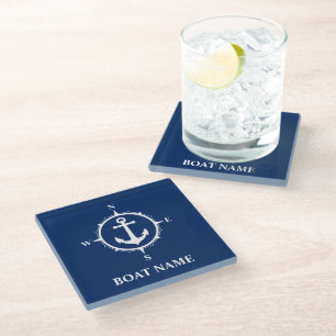 Dessous-de-verre En Verre Votre nom de bateau Compass Ancre Premium Dessous 