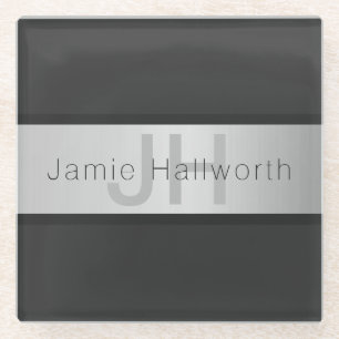 Dessous-de-verre En Verre Votre nom et votre monogramme   Gris & Faux Silver