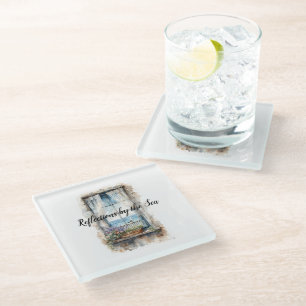 Dessous-de-verre En Verre Vue de fenêtre sur la mer, scène côtière à l'aquar